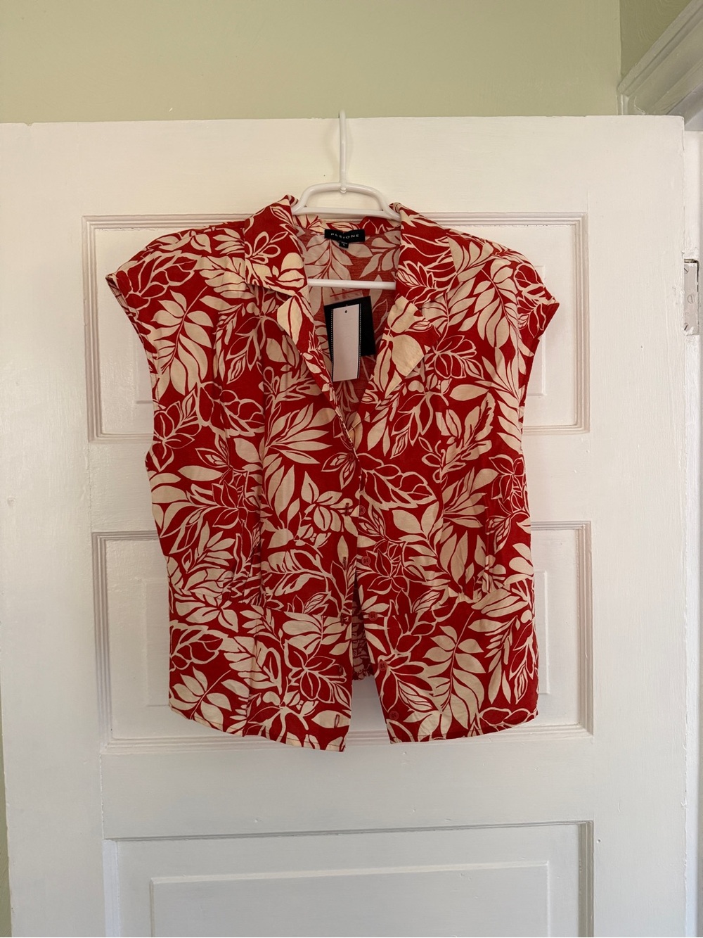 Pleione Red and Cream Leaf-Print Cap Sleeve Blouse